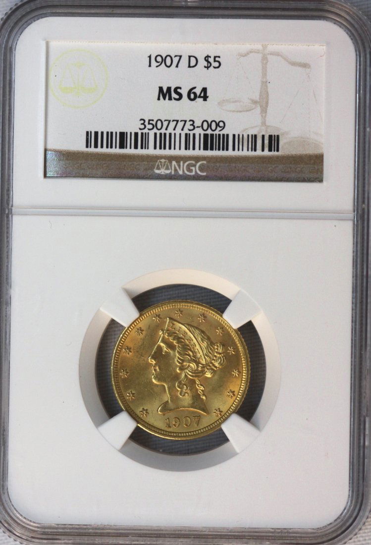 1907-D $5 NGC MS64 Liberty Head Half Eagle Gold Coin DA: 1907-D $5 NCG MS64 Liberty Head Half Eagle Gold Coin DAVEF829. As-Is Condition! JI1201IK. One 1907-D $5 NCG MS64 Liberty Head Half Eagle Gold Coin. Thank you for viewing this lot! We are always adding