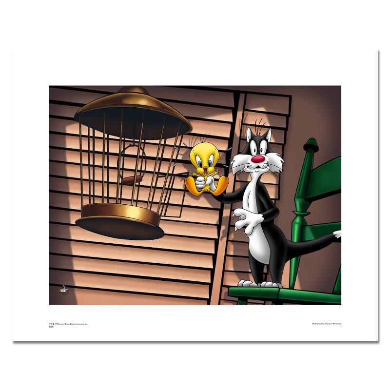 Spotlight, Sylvester and Tweety by Looney Tunes: "Spotlight, Sylvester and Tweety" is a limited edition giclee on paper from Warner Bros. featuring the classic Looney Tunes characters. It comes numbered, with hologram seal, and a Certificate of Auth