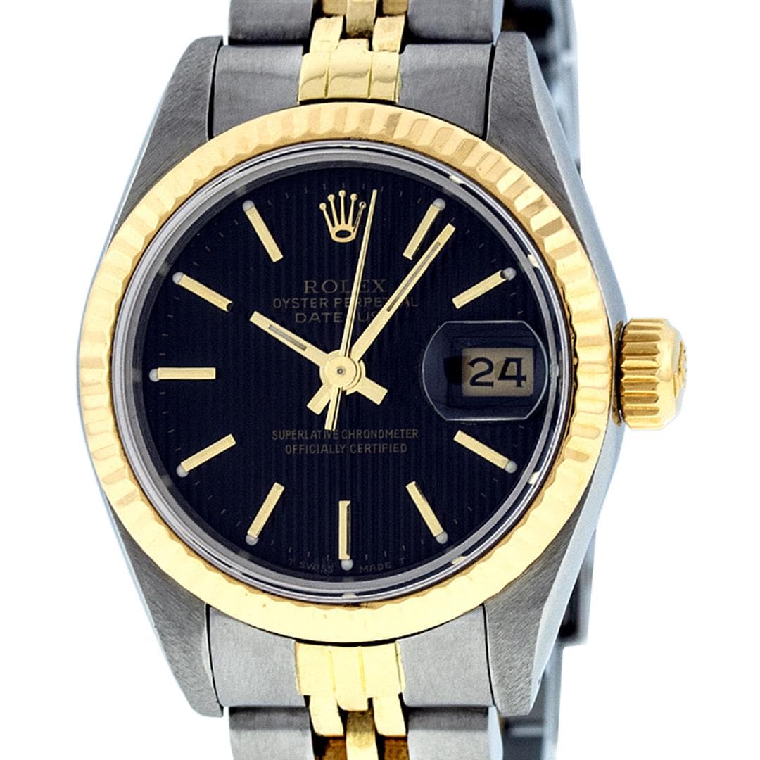 Rolex Ladies 2 Tone Black Tapestry Fluted Bezel Datejust Wristwatch 26MM: One Ladies Pre Owned Two Tone 14K Yellow Gold & Stainless Steel Rolex Polished, Serviced & Electronically Tested, Rolex Yellow Gold & Stainless Steel Case: 26mm, Rolex Yellow Gold Crown, Rolex Bezel: