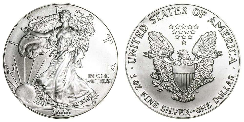2000 American Silver Eagle .999 Fine Silver Dollar Coin: One 2000 American Silver Eagle .999 Fine Silver Dollar Coin. A great addition to any beginner or advanced coin collector's collection!