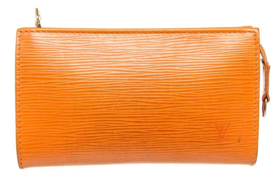 Louis Vuitton Orange Epi Leather Pouch Wallet: One Louis Vuitton Orange Epi Leather Pouch Wallet. Item is sold AS-IS. All available information is listed in the description and shown in the photo. Louis Vuitton Orange Epi Leather Pouch Wallet with
