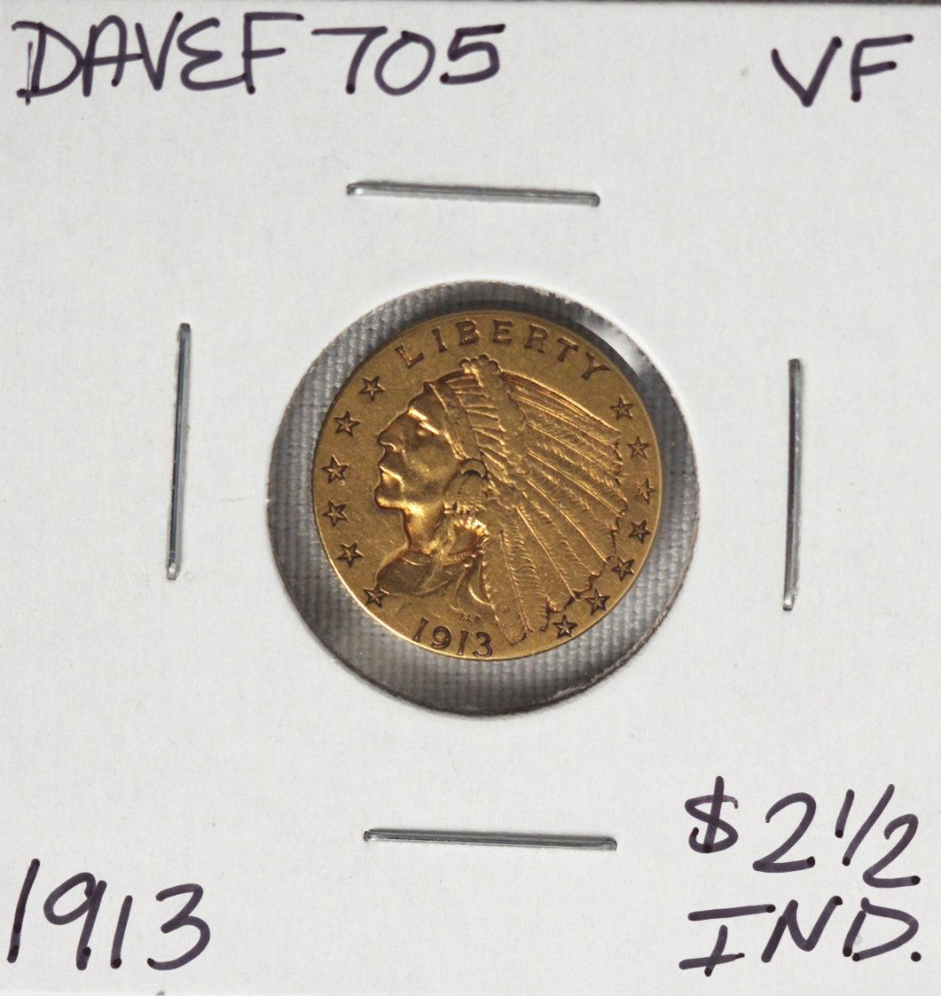 1913 $2 1/2 VF Indian Head Quarter Eagle Gold Coin DAVE: 1913 $2 1/2 VF Indian Head Quarter Eagle Gold Coin DAVEF705. As-is Condition! WE562VN. 1913 $2 1/2 VF Indian Head Quarter Eagle Gold Coin . Thank you for viewing this lot! We are always adding new inv