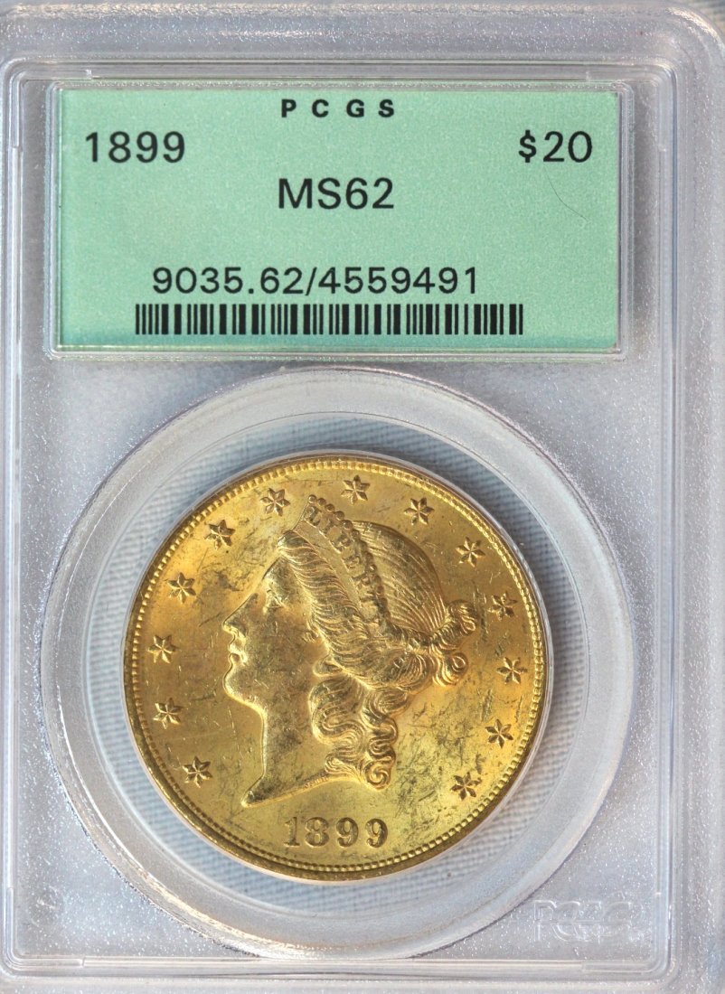 1899 $20 PCGS MS62 Liberty Head Double Eagle Gold Coin : 1899 $20 PCGS MS62 Liberty Head Double Eagle Gold Coin DAVEF833. As-Is Condition! EV1071ZC. One 1899 $20 PCGS MS62 Liberty Head Double Eagle Gold Coin. Thank you for viewing this lot! We are always ad