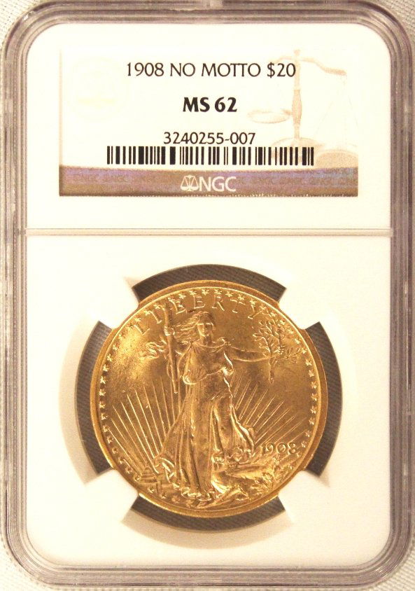1908 $20 NGC MS62 No Motto St. Gaudens Double Eagle Gol: 1908 $20 NGC MS62 No Motto St. Gaudens Double Eagle Gold Coin DaveF638. As-Is Condition! BY6371SF. 1908 $20 NGC MS62 No Motto St. Gaudens Double Eagle Gold Coin. Thank you for viewing this lot! We are