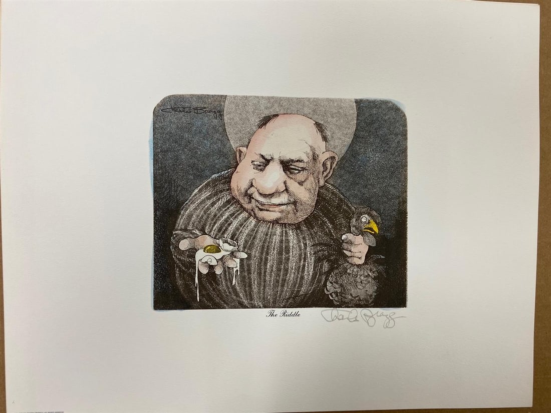 The Riddle by Charles Bragg: This is a hand-colored Mixed Media litho, handsigned by famed satirist Charles Bragg. It measures 14.5 x 11.5 " .