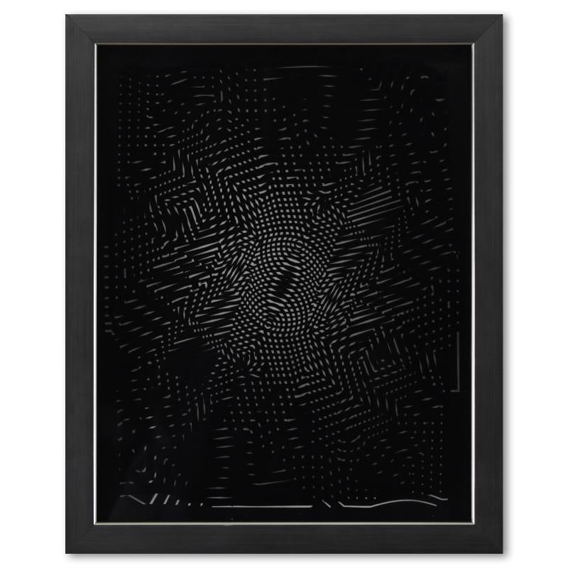 Trois Dimensions Optique de la serie Cinetiques by Vasarely (1908-1997): "Trois Dimensions Optique de la serie Cinetiques" is a dimensional artwork, published in 1973, by Victor Vasarely (1908-1997). This piece comes custom framed, with a letter of authenticity and with a 