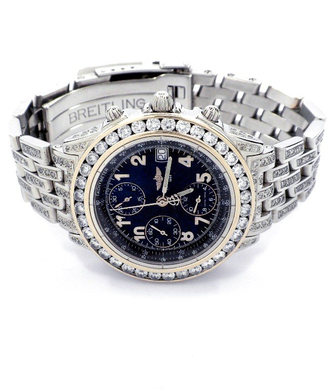 Gents Breitling Chronograph Wristwatch with Diamonds A3: Gents Breitling Chronograph Wristwatch with Diamonds A3836. Excellent Condition! QW1554RE. One gents, Breitling Chronograph wristwatch electronically tested Stainless Steel, Case: 40mm diameter, Bezel