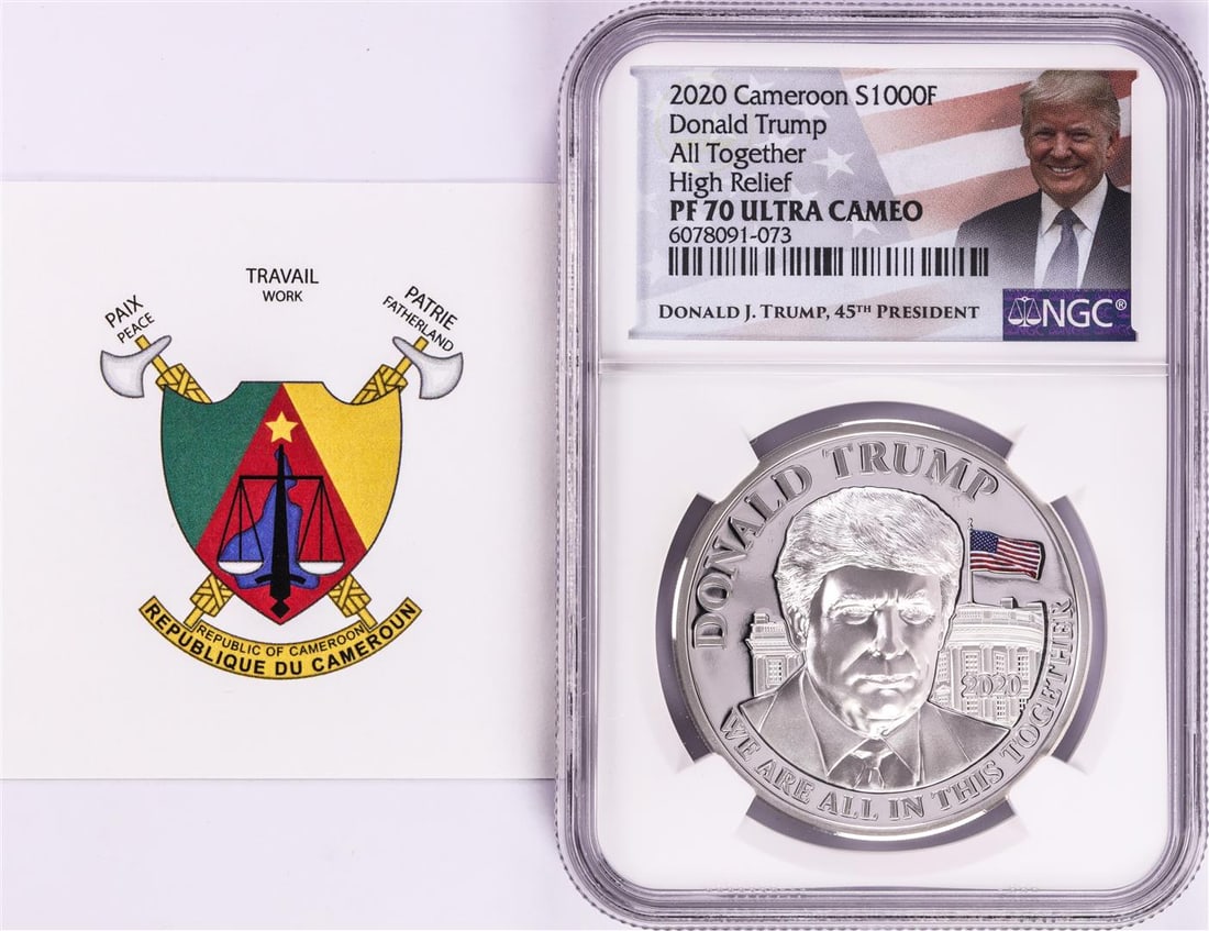 2020 Cameroon S1000F Donald Trump All Together High Relief PF 70 Ultra Cameo 1oz: One 2020 Cameroon S1000F Donald Trump All Together High Relief PF 70 Ultra Cameo 1oz Silver .999 Coin.