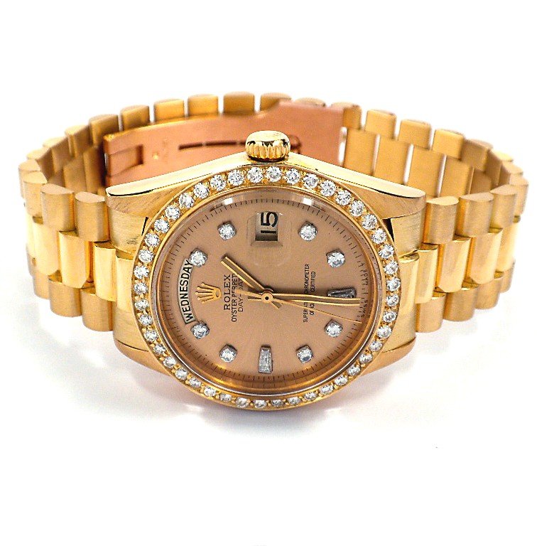 Gents Rolex 18KT Gold w/ Diamonds DayDate Wristwatch A3: Gents Rolex 18KT Gold w/ Diamonds DayDate Wristwatch A3708. Good Condition! YW1528PG. One gents, hand crafted & machine milled Rolex DayDate Model The President wristwatch electronially tested 18KT ye