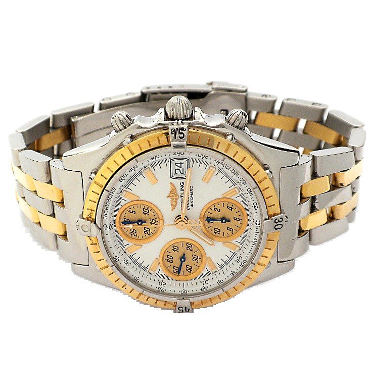 Breitling Two Tone Chronograph Wristwatch A3587: Breitling Two Tone Chronograph Wristwatch A3587. Great Condition! CL9152EX. One gents, Breitling Chronograph wristwatch electronically tested stainless steel. Case: 40mm diameter. Bezel: yellow gold, 
