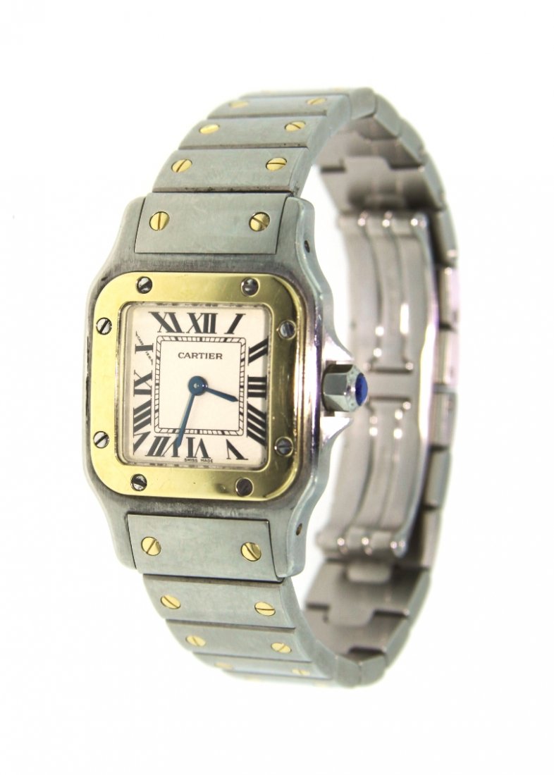 Ladies 18KT Yellow Gold & Stainless Steel Cartier Santo: Ladies 18KT Yellow Gold & Stainless Steel Cartier Santos Watch A3960. Great Condition! SN1051QZ. One ladies, Cartier Santos wristwatch, electronically tested stainless steel and 18KT yellow gold. Case