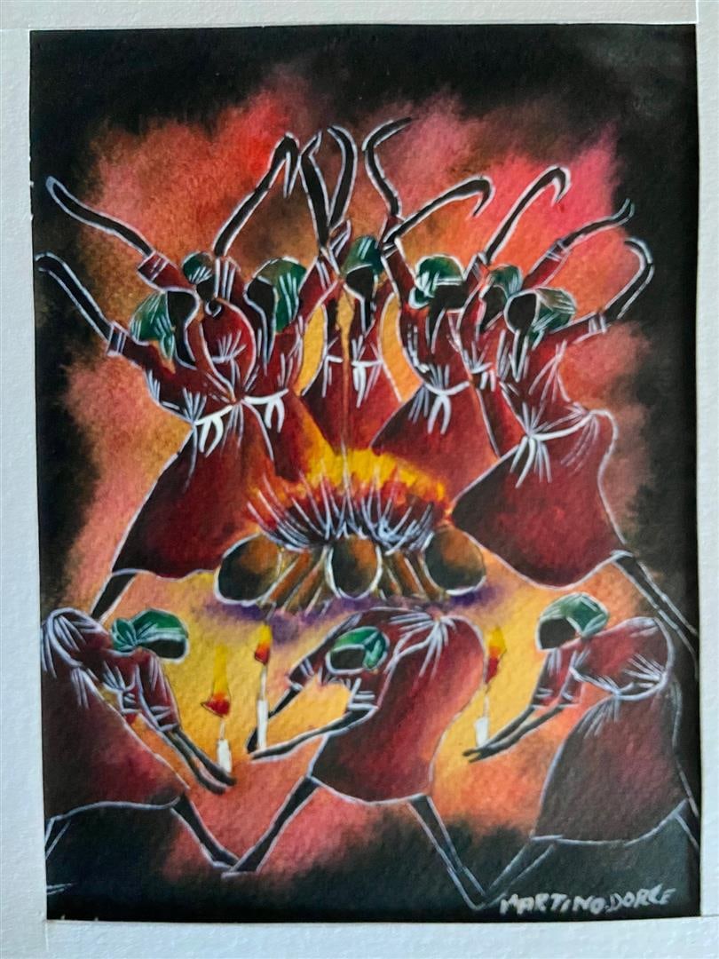 Celebration by Martino Dorce: Famed Haitian artist Martino Dorce depicts this Voodoo Celebration ritual, in this 8x6" hand-colored pen & ink original on paper.