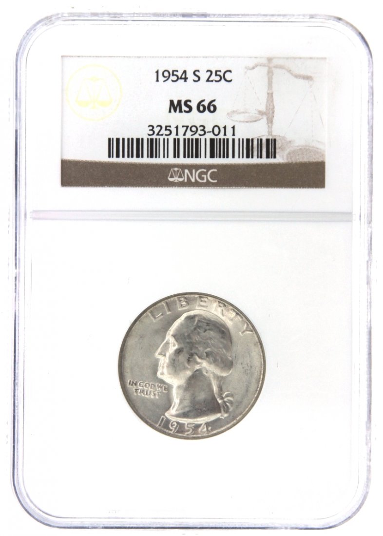 1954-S 25 Cent NGC MS66 Silver Coin DAVEF861: 1954-S 25 Cent NGC MS66 Silver Coin DAVEF861. As-Is Condition! IH12NW. One 1954-S 25 Cent NGC MS66 Silver Coin. Thank you for viewing this lot! We are always adding new inventory and new auctions, so 
