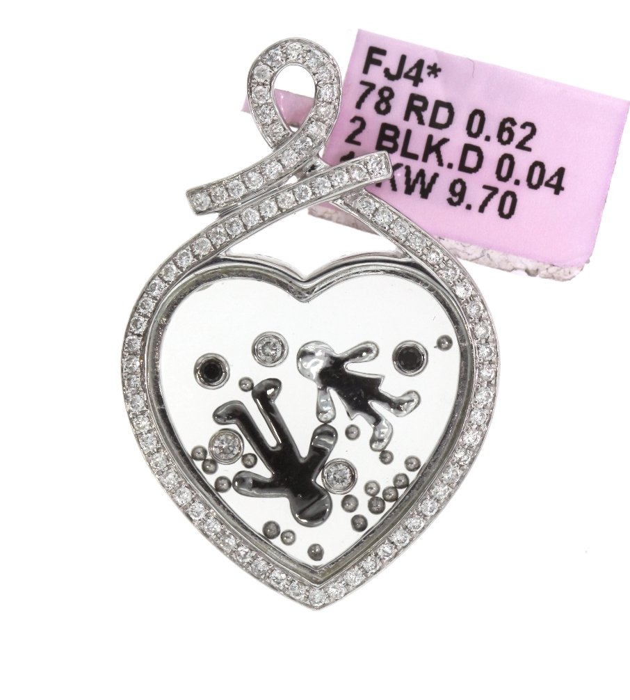 18KT White Gold 0.68tcw Black & White Diamond Pendant F: 18KT White Gold 0.68tcw Black & White Diamond Pendant FJM1569. Excellent Condition! TL486XI. One 18KT White Gold Black Diamond & Diamond Pendant. Total weight of diamonds is 0.62ct. Total weight of bl