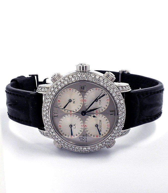 Jacob & Co 5.50ct Diamond Limited Edition GMT Wold Time: Jacob & Co 5.50ct Diamond Limited Edition GMT Wold Time Zone Watch GB20. Excellent Condition! RO1559LZ. One, limited edition 220/1800 Jacob & Co. GMT World Time Zone wristwatch electronically tested S