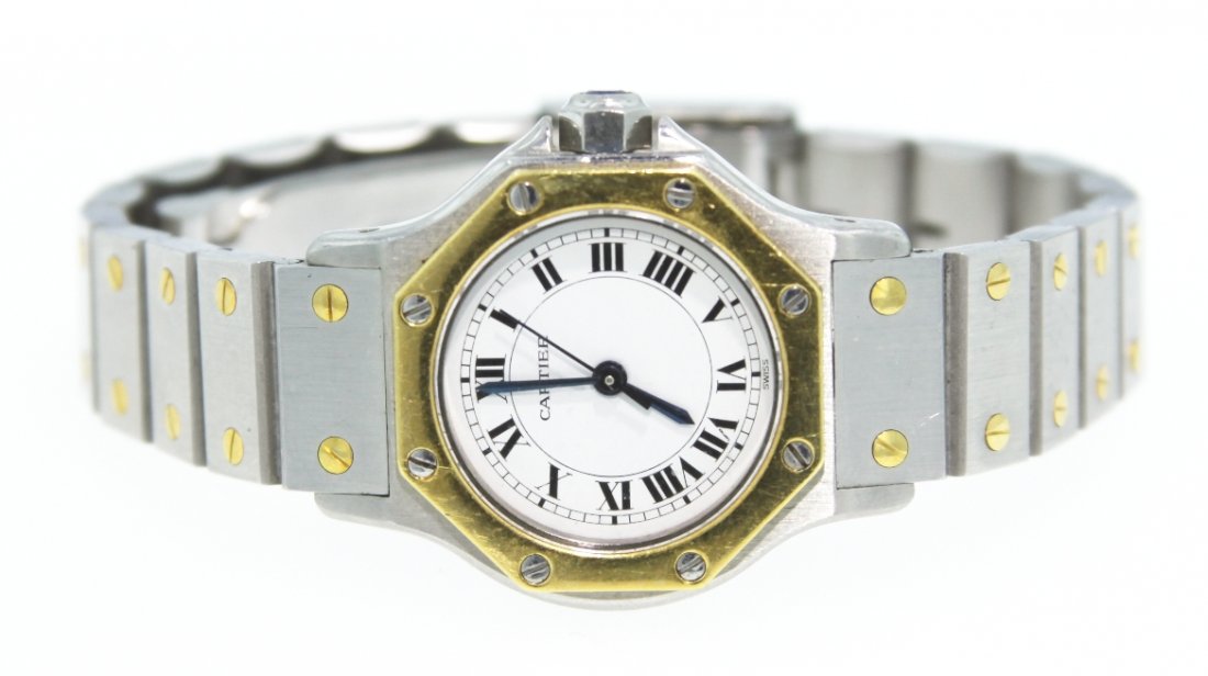 Vintage Two-Tone Ladies Cartier Santos Octagon Watch NS: Vintage Two-Tone Ladies Cartier Santos Octagon Watch NS161. Good Condition! FK1001LS. Authentic Cartier Santos watch. Case is made from high quality brushed stainless steel with 18KT gold octagonal be