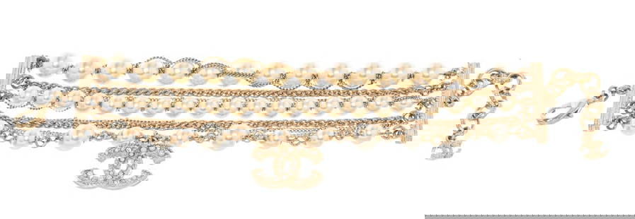 Chanel Gold CC Pearl Bracelet: Chanel Gold CC Pearl Bracelet. All available information is listed in the description and shown in the photos. Chanel Gold CC Pearl Bracelet with gold-tone hardware and faux pearls, signature interloc