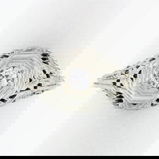 Antique Art Deco 18k White Gold .21 ctw Diamond Solitaire Filigree Engagement Ri: An antique solid 18k white gold engagement ring, with 1 old european cut natural diamond (G- SI1; 0.21ct). The ring is size 5.0, weighs a total of 2.66 grams, and measures 9.74mm wide.