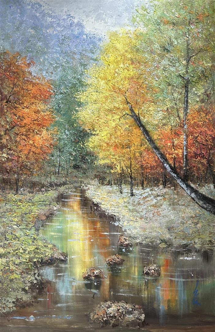 "Lookout Creek" original by Inam: A stunning landscape in the classic impressionist style, with heavy impasto, by world renowned artist Inam. 58"x39" original on canvas, with COA