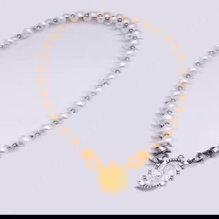 18K Yellow Gold & Pearl Choker with Gold Byzantine Solidus: A choker necklace of 30 natural pearls, each spread with an 18k yellow gold bead at each end; 18k yellow gold adjustable claws support a handmade 18k yellow gold round frame of ancient form with claw