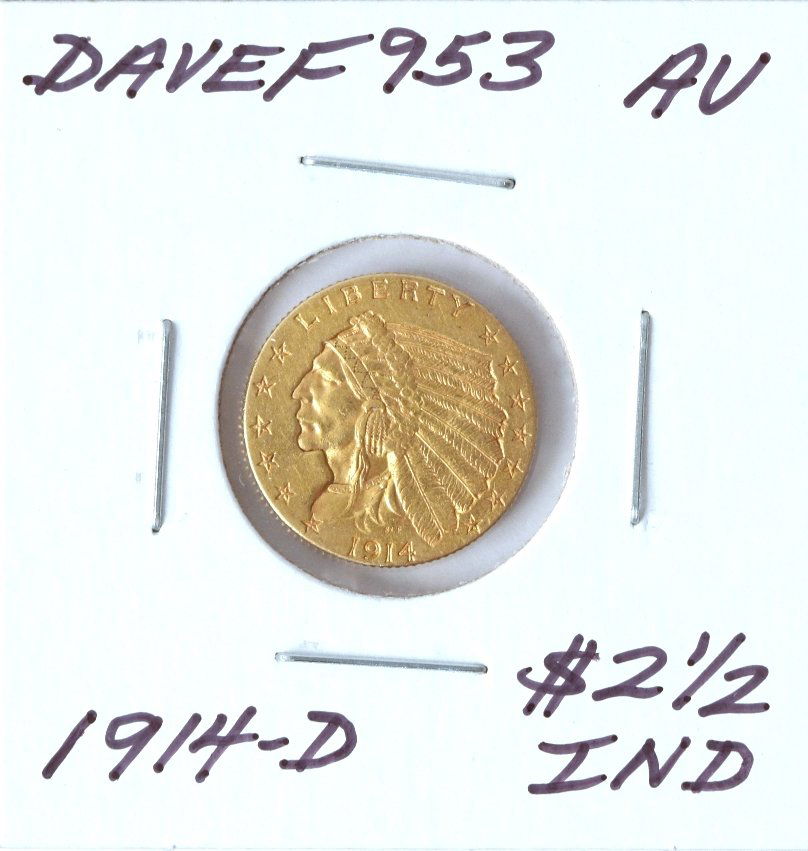 1914-D $2 1/2 AU Indian Head Quarter Eagle Gold Coin Da: 1914-D $2 1/2 AU Indian Head Quarter Eagle Gold Coin DaveF953. As-Is Condition! TD672ZX. One 1914-D $2 1/2 AU Indian Head Quarter Eagle Gold Coin. Thank you for viewing this lot! We are always adding