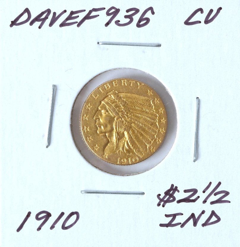 1910 $2 1/2 CU Indian Head Quarter Eagle Gold Coin Dave: 1910 $2 1/2 CU Indian Head Quarter Eagle Gold Coin DaveF936. As-Is Condition! DO662OH. One 1910 $2 1/2 CU Indian Head Quarter Eagle Gold Coin. Thank you for viewing this lot! We are always adding new