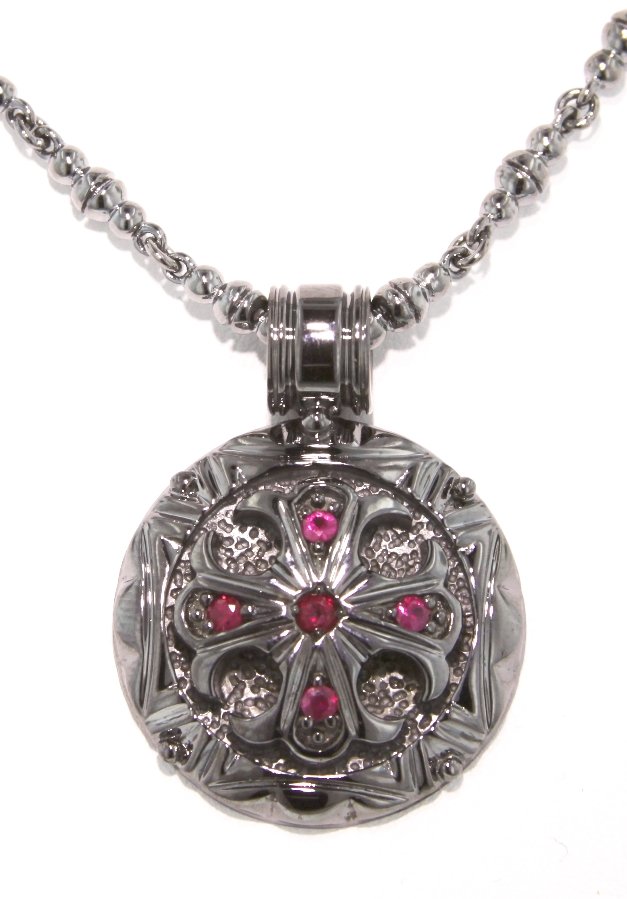 Black PVD Covered Sterling Silver and Ruby Round Cross : Black PVD Covered Sterling Silver and Ruby Round Cross Pendant GD295. Excellent Condition! IT712FU. One black PVD covered sterling silver and ruby round cross pendant with chain. Ends in a toggle clas