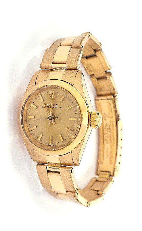 Ladies 18KT Gold Rolex Oyster Perpetual Wristwatch A375: Ladies 18KT Gold Rolex Oyster Perpetual Wristwatch A3754. As-Is Condition! XT1592PT. One ladies, hand crafted & machine milled Rolex Oyster Perpetual, model wristwatch electronically tested 18KT yello