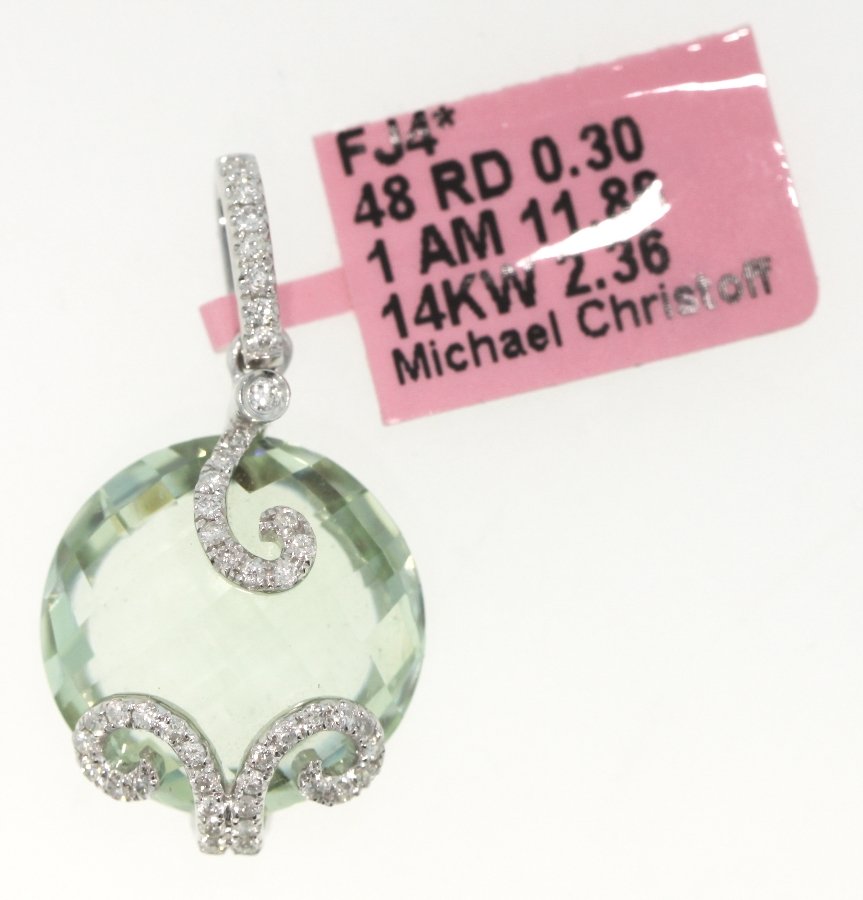 14KT White Gold Green Amethyst and Diamond Pendant FJM1: 14KT White Gold Green Amethyst and Diamond Pendant FJM1159. Excellent Condition! GE852BW. One 14KT white gold Michael Christoff green amethyst and diamond pendant. Features o ne green amethyst weighin