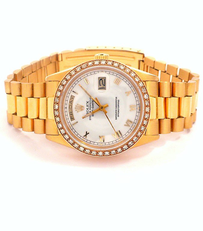Gents 18KT Yellow Gold Rolex DayDate Watch GB76: Gents 18KT Yellow Gold Rolex DayDate Watch GB76. Excellent Condition! KY1559IV. One gents hand crafted & machine milled Rolex DayDate model The President wristwatch electronically tested 18KT yellow g
