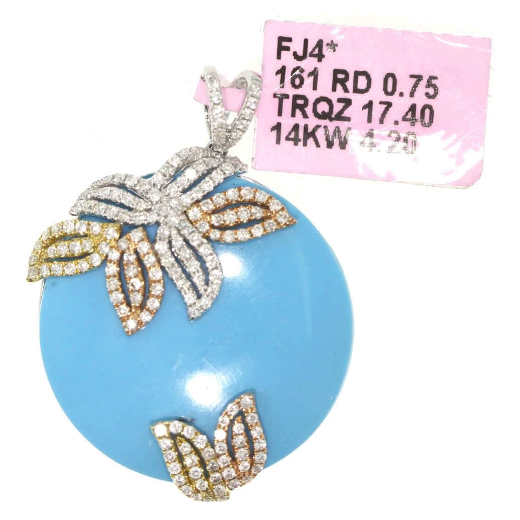 14KT White Gold 17.4ct Turqouise and Diamond Pendant FJ: 14KT White Gold 17.4ct Turqouise and Diamond Pendant FJM1128. Excellent Condition! QV864SH. One 14KT white gold turquoise and diamond pendant. Features one turquoise piece weighing 17.40cts and 161 ro