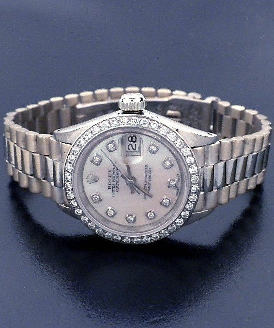 Ladies 18KT White Gold Rolex Diamond DateJust Watch A39: Ladies 18KT White Gold Rolex Diamond DateJust Watch A3916. Great Condition! TJ1865YB. One ladies, hand crafted& machine milled Rolex Lady President DateJust model wristwatch, electronically tested 18K