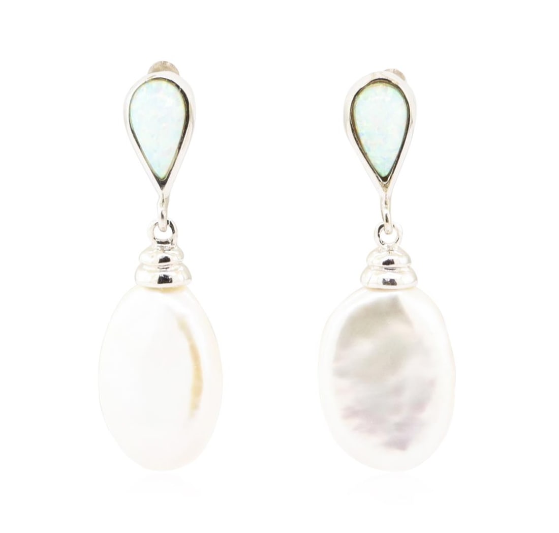 0.60 ctw Opal and Baroque Pearl Earrings - 18KT White Gold: One pair of earrings with a drop of approximately 34 millimeters featuring: 18KT white gold weighing 6.2 grams containing two pear shaped opals weighing 0.60 ctw and two baroque pearls.