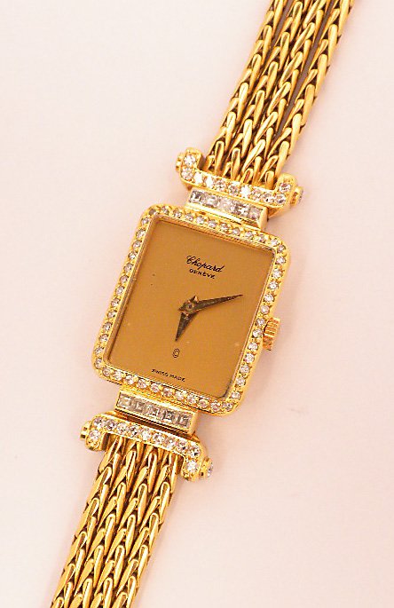 Ladies 18KT Yellow Gold Chopard Diamond Wristwatch A384: Ladies 18KT Yellow Gold Chopard Diamond Wristwatch A3847. Great Condition! WT1522FM. One ladies, cast & assembled chopard diamond wristwatch electronically tested 18KT yellow gold, Bezel: Diamond, Cry