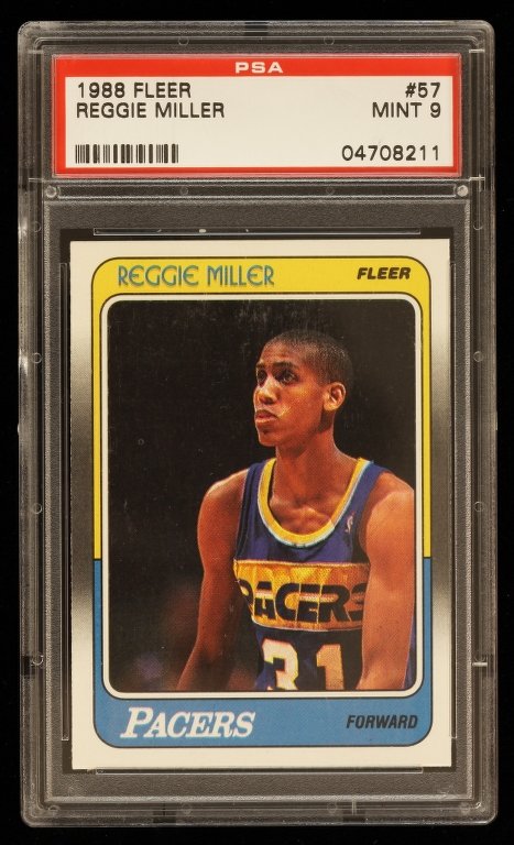 1988 Fleer Reggie Miller Rookie Card C276: 1988 Fleer Reggie Miller Rookie Card C276. As-Is Condition! II62KG. One 1988 Fleer Reggie Miller Rookie Card #57. PSA Graded: 9. Team: Indiana Pacers. Thank you for viewing this lot. We are always add