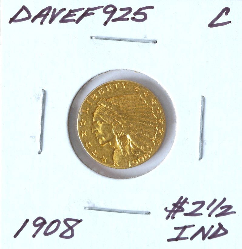 1908 $2 1/2 C Indian Head Quarter Eagle Gold Coin DaveF: 1908 $2 1/2 C Indian Head Quarter Eagle Gold Coin DaveF925. As-Is Condition! RF122MW. One 1908 $2 1/2 C Indian Head Quarter Eagle Gold Coin. Thank you for viewing this lot! We are always adding new in
