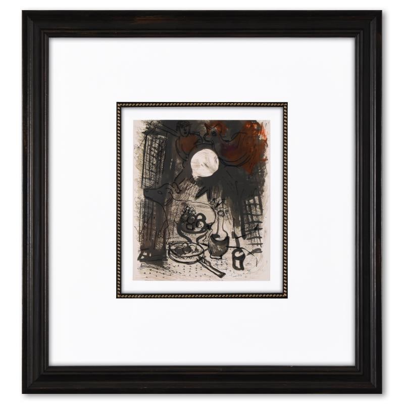 Still Life by Chagall (1887-1985): "Still Life" is a lithograph on paper by Marc Chagall (1887-1985). This piece comes custom framed. Includes Letter of Authenticity. Measures approx. 20" x 21.5" (frame), 8" x 9" (image).