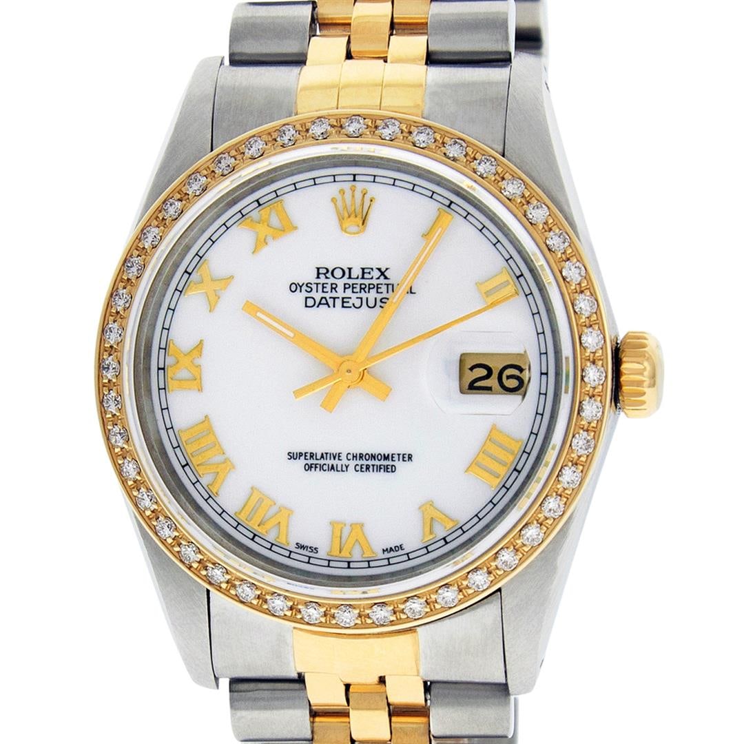Rolex Mens 2T Yellow Gold And Steel White Roman Diamond Bezel Datejust Wristwatc: One Mens Rolex Pre Owned 14K Yellow Gold and Stainless Steel Two Tone Datejust Polished, Serviced & Electronically Tested, Rolex Yellow Gold & Stainless Steel Case: 36mm, Rolex Yellow Gold Crown, Cust