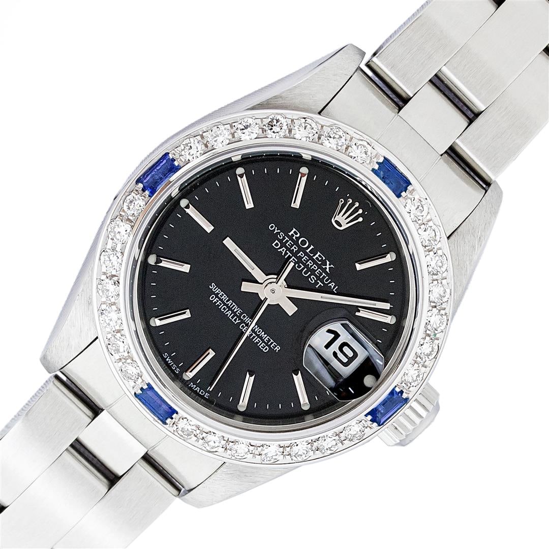 Rolex Quickset Black Index & Sapphire Diamond Datejust Wristwatch 26MM: One Ladies Pre Owned Quickset Stainless Steel Rolex Datejust Polished Bright with Satin Finish, Serviced & Electronically Tested, Stainless Steel Case: 26mm, Rolex Stainless Steel Crown, Custom Bezel:
