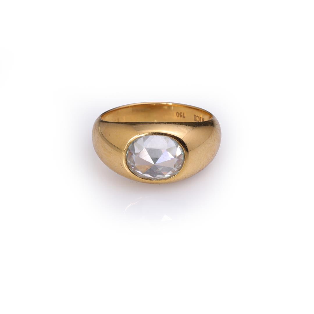 18k Yellow Gold & Custom Cut Moissanite Ring by Carlo Rici: 18k yellow gold ring designed by Carlo Rici; the custom cut moissanite with very high crown and large facets, marked RICI 750 to interior band; gross weight 8.0 g, size 9