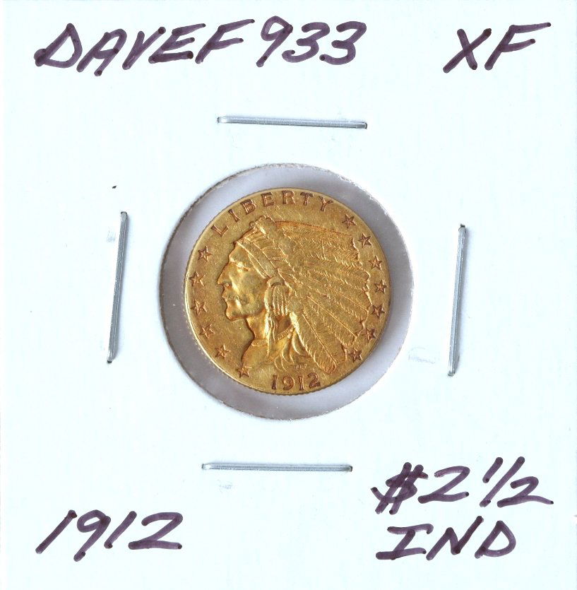 1912 $2 1/2 XF Indian Head Quarter Eagle Gold Coin Dave: 1912 $2 1/2 XF Indian Head Quarter Eagle Gold Coin DaveF933. As-Is Condition! QZ632GH. One 1912 $2 1/2 XF Indian Head Quarter Eagle Gold Coin. Thank you for viewing this lot! We are always adding new