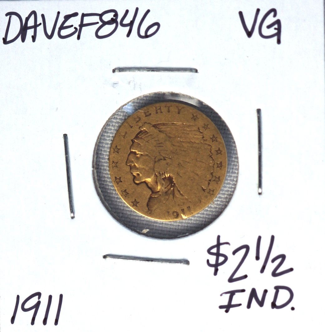 1911 $2 1/2 VG Indian Head Quarter Eagle Gold Coin DAVE: 1911 $2 1/2 VG Indian Head Quarter Eagle Gold Coin DAVEF846. As-Is Condition! UY542BF. One 1911 $2 1/2 VG Indian Head Quarter Eagle Gold Coin. Thank you for viewing this lot! We are always adding new