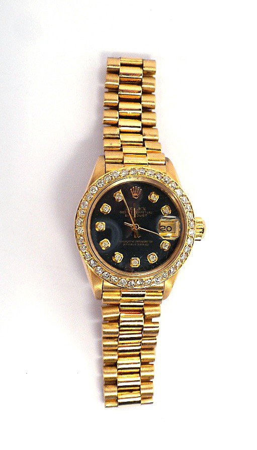Ladies 18KT Yellow Gold Rolex Diamond DateJust Wristwat: Ladies 18KT Yellow Gold Rolex Diamond DateJust Wristwatch A3394. Great Condition! MV1664RH. One ladies, hand crafted and machine milled Rolex Lady President the DateJust model wristwatch electronicall