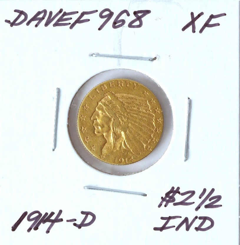 1914-D $2 1/2 XF Indian Head Quarter Eagle Gold Coin Da: 1914-D $2 1/2 XF Indian Head Quarter Eagle Gold Coin DaveF968. As-Is Condition! IB662QC. One 1914-D $2 1/2 XF Indian Head Quarter Eagle Gold Coin. Thank you for viewing this lot! We are always adding