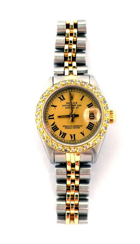 Lady Rolex Two-Tone DateJust Wristwatch A3668: Lady Rolex Two-Tone DateJust Wristwatch A3668. Great Condition! PR1522SF. One ladies, hand crafted and machine milled Rolex DateJust Model stainless steel and 14KT yellow gold wristwatch electronicall