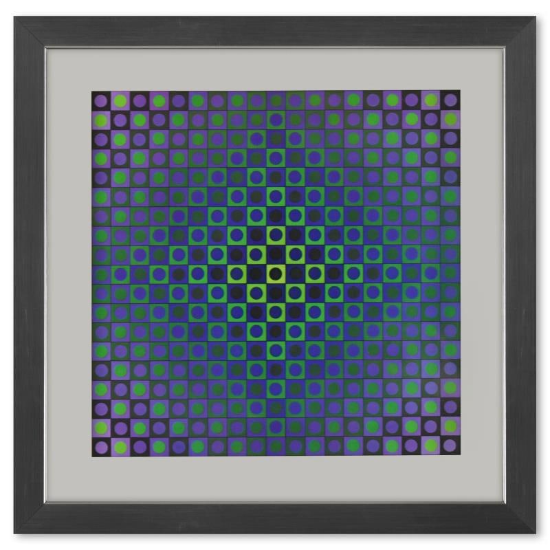 Boglar de la serie Folklore Planetaire by Vasarely (1908-1997): "Boglar de la serie Folklore Planetaire" is a heliogravure print on paper, published in 1971, by Victor Vasarely (1908-1997). This piece comes custom framed, with a letter of authenticity and with a 1