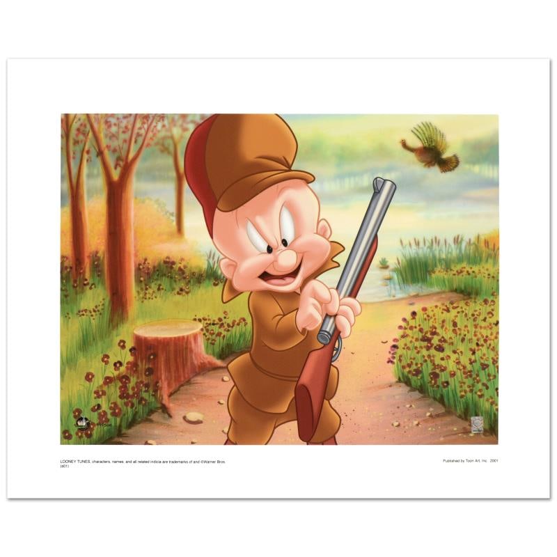Elmer Hunting by Looney Tunes: "Elmer Hunting" is a limited edition giclee on paper from Warner Bros., numbered with hologram seal of Authenticity. Also, includes Certificate of Authenticity! Measures approx. 20" x 16" (with border
