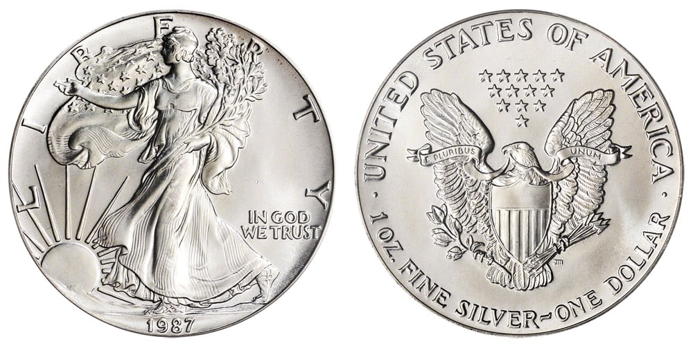 1987 American Silver Eagle .999 Fine Silver Dollar Coin: One 1987 American Silver Eagle .999 Fine Silver Dollar Coin. A great addition to any beginner or advanced coin collector's collection!