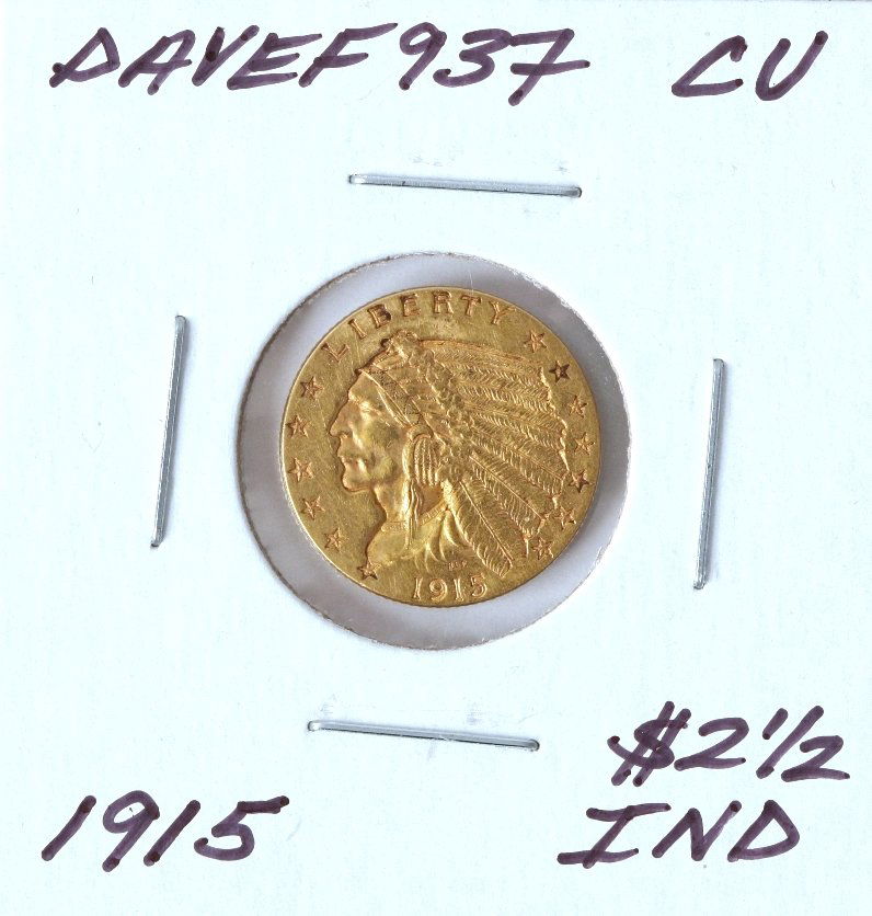 1915 $2 1/2 CU Indian Head Quarter Eagle Gold Coin Dave: 1915 $2 1/2 CU Indian Head Quarter Eagle Gold Coin DaveF937. As-Is Condition! LF662VL. One 1915 $2 1/2 CU Indian Head Quarter Eagle Gold Coin. Thank you for viewing this lot! We are always adding new