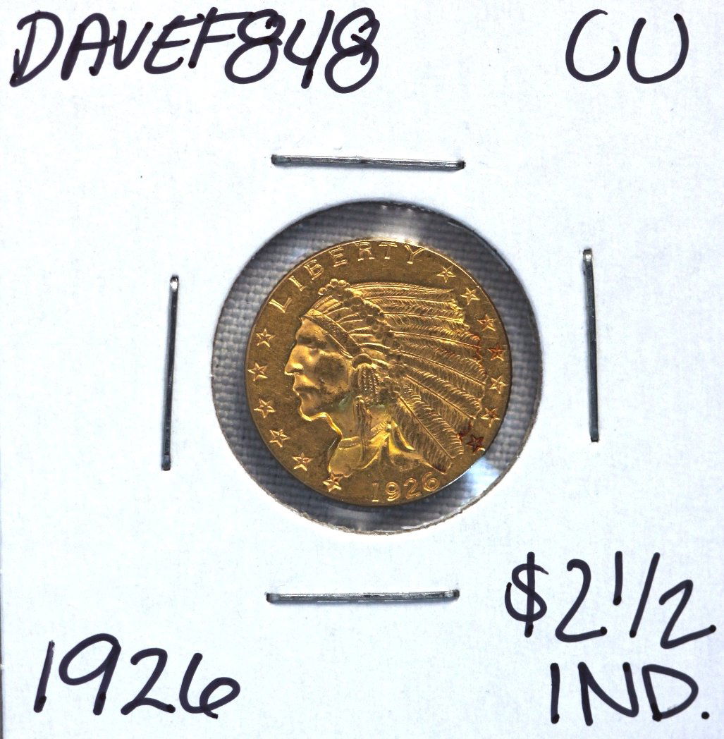 1926 $2 1/2 CU Indian Head Quarter Eagle Gold Coin DAVE: 1926 $2 1/2 CU Indian Head Quarter Eagle Gold Coin DAVEF848. As-Is Condition! YL582PW. One 1926 $2 1/2 CU Indian Head Quarter Eagle Gold Coin. Thank you for viewing this lot! We are always adding new